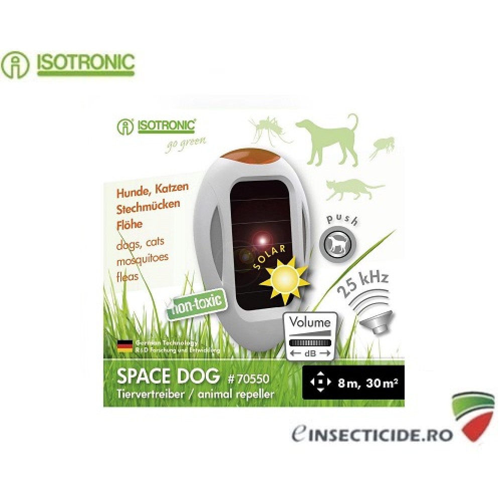 SpaceDog 70550: Dispozitiv portabil cu lanterna, ultrasunete si alimentare solara pentru alungarea cainilor 